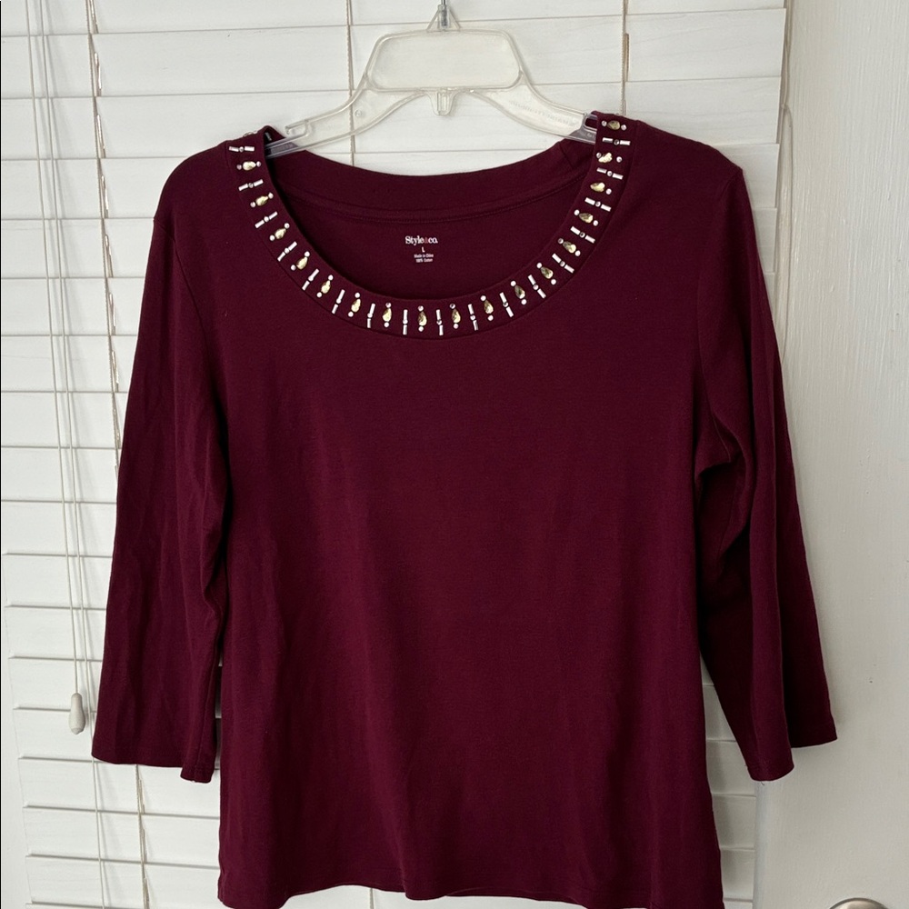 Style & Co. Top 3/4 Sleeve Maroon Wine SZ L Embellished